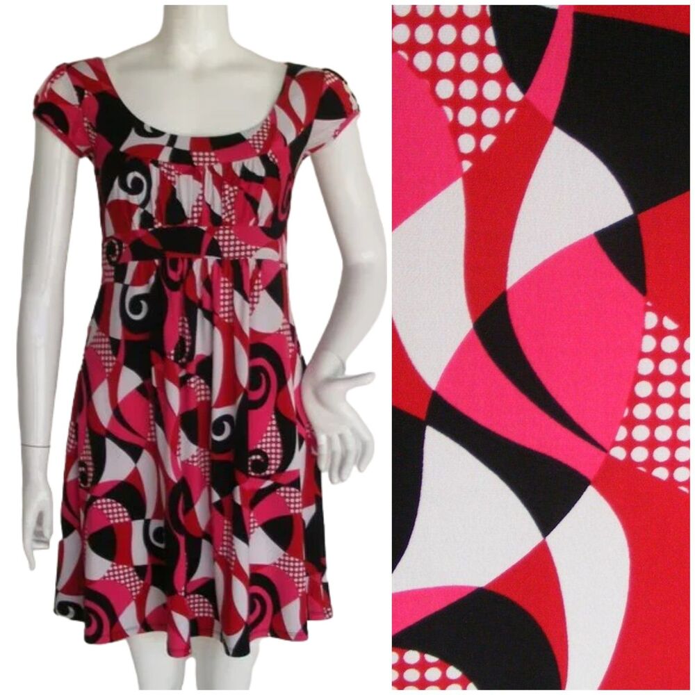 B-WEAR TOO! Dress, Jr M, Swirly Polka dot busy pattern, Short sleeves